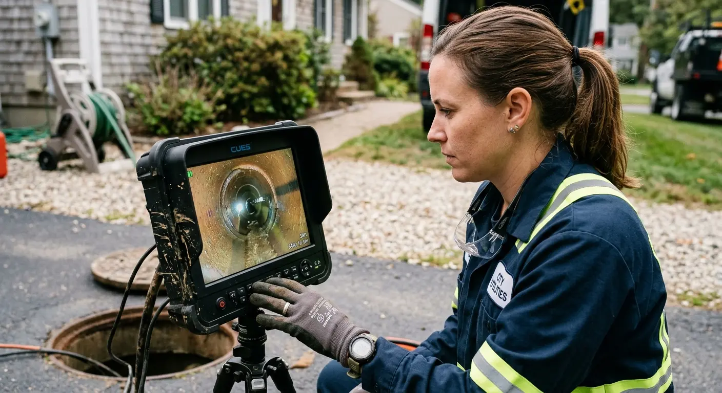 Technician reviewing sewer camera inspection footage in Weatherford