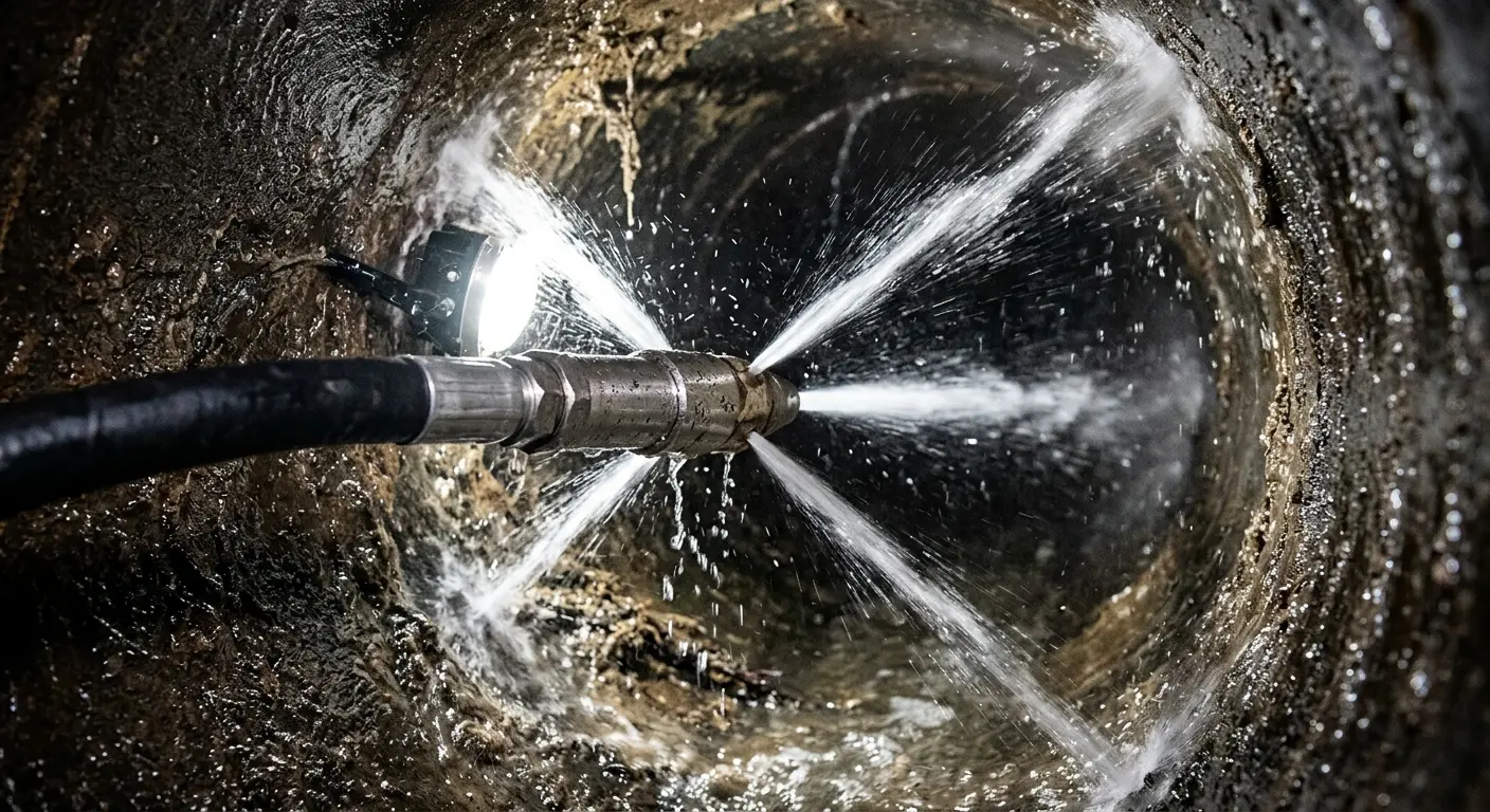 High-pressure hydro jetting nozzle cleaning sewer pipe for Sewer Cleanout in Weatherford