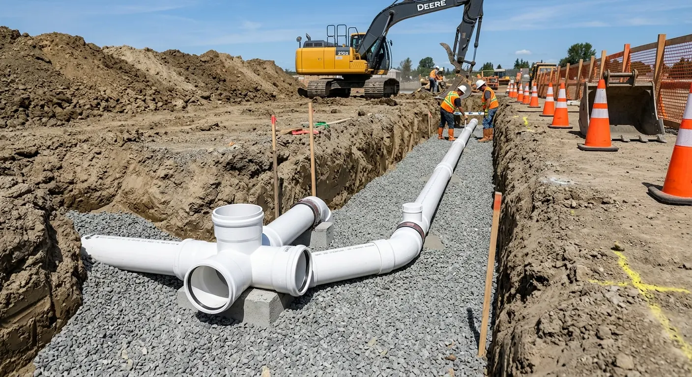 New PVC sewer pipe installation in open trench for Sewer Backup in Weatherford