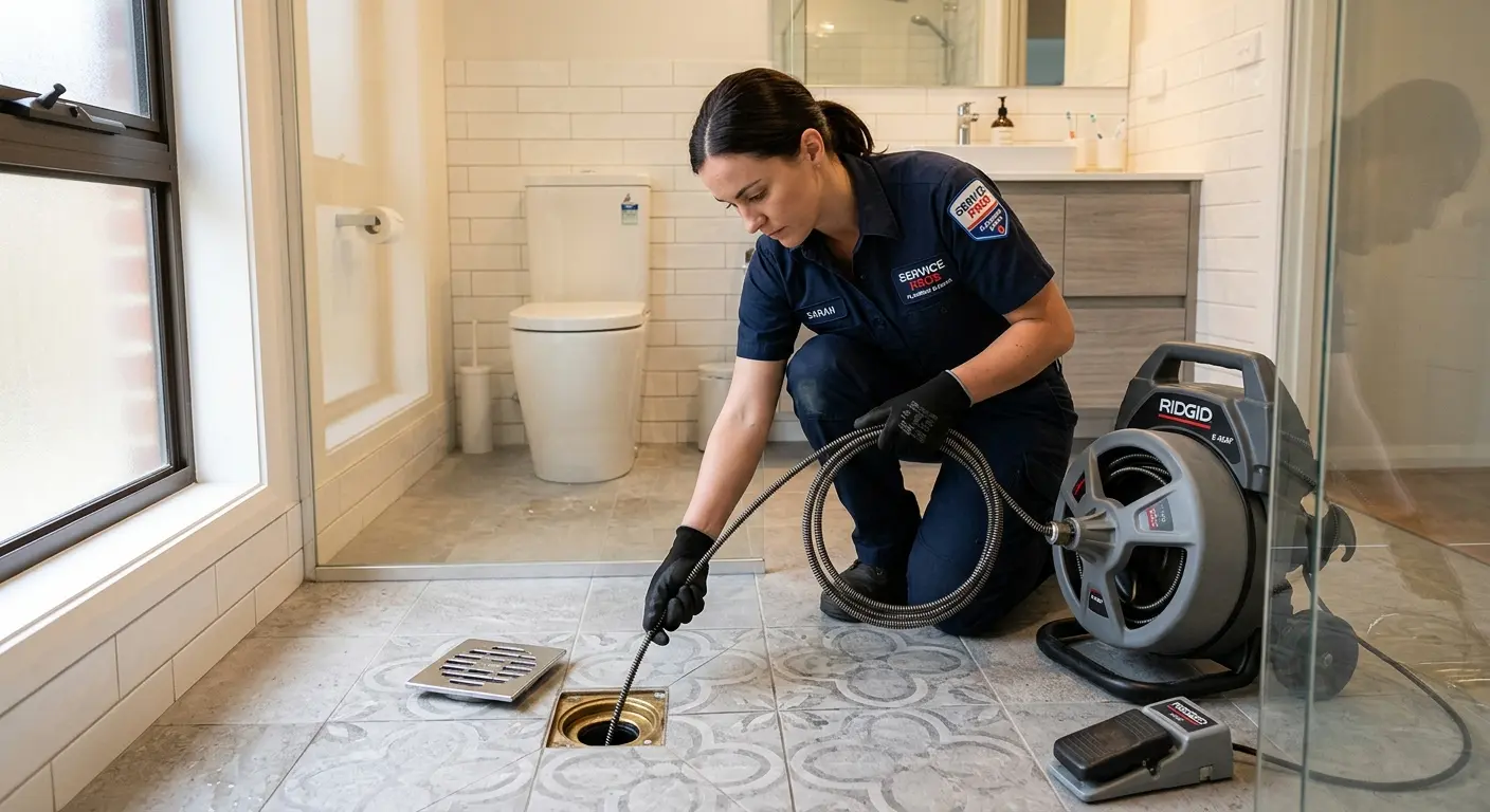 Technician clearing a bathroom floor drain for Drain Cleaning in Weatherford